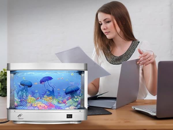 Lightahead jellyfish lamp with compact footprint fits desktop or shelf for mood boost.