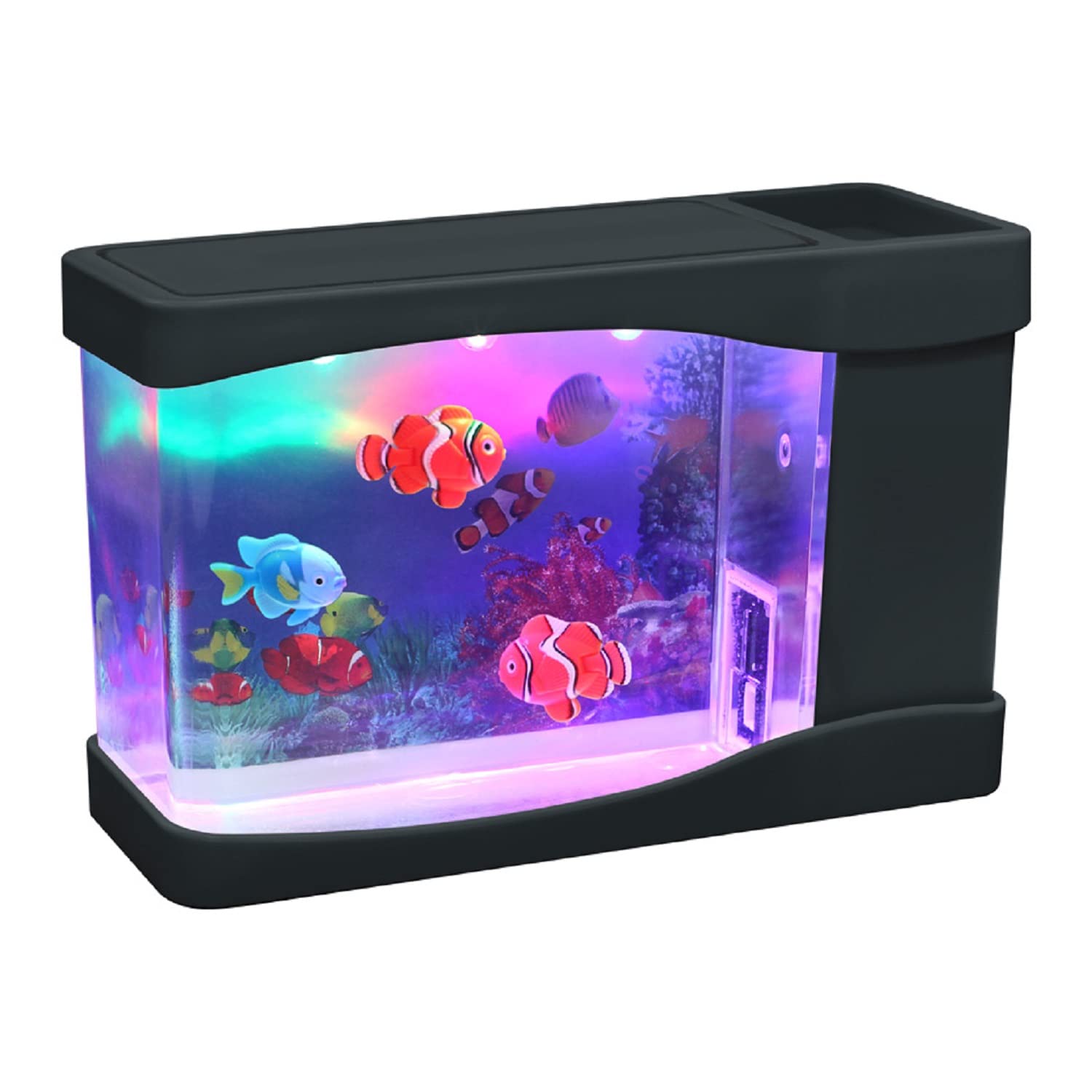 Lightahead artificial mini aquarium fish tank with colorful LEDs for desktop ambiance.
