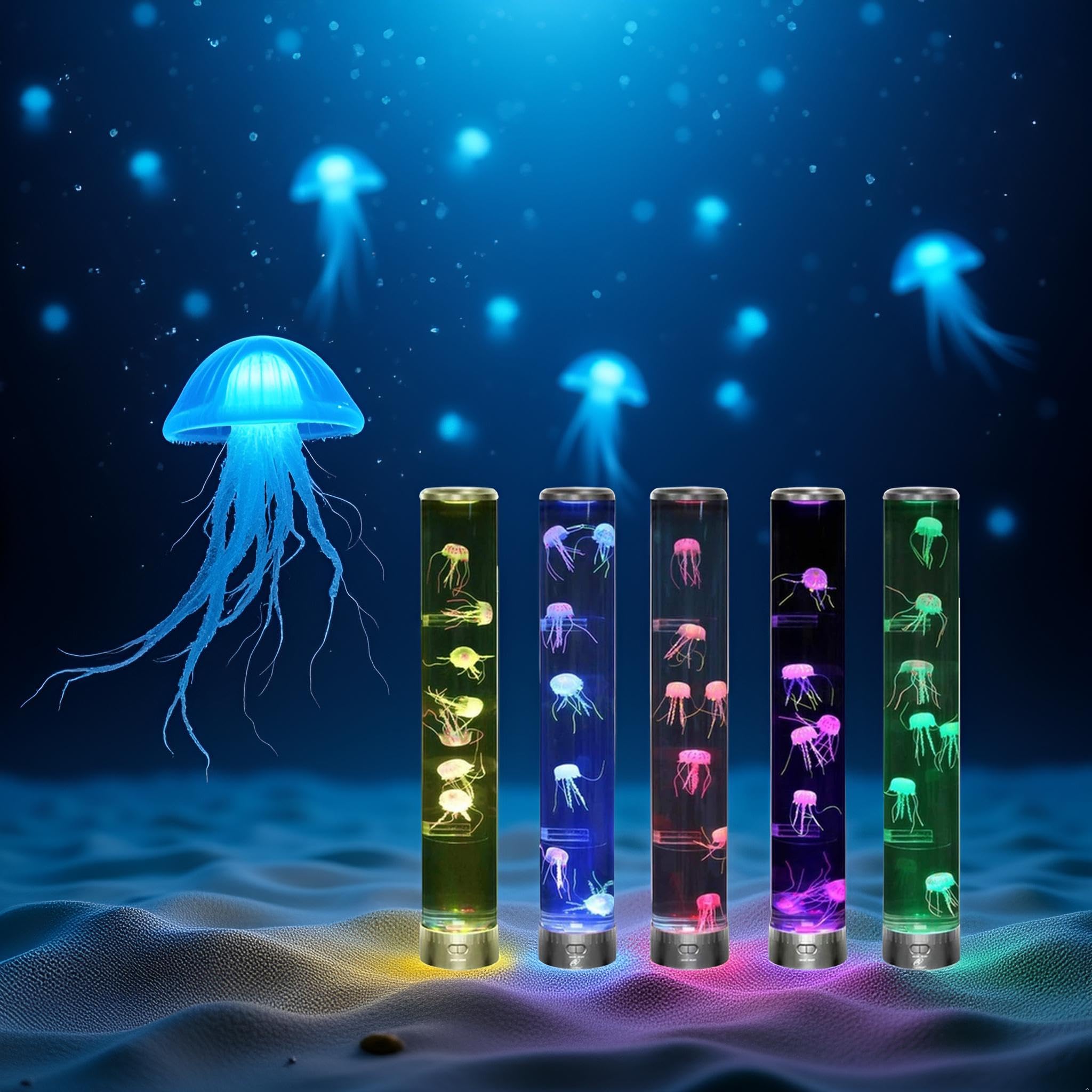 Lightahead LED Jellyfish Aqua Mood Lamp showcases seven lifelike jellyfish and vivid colors.