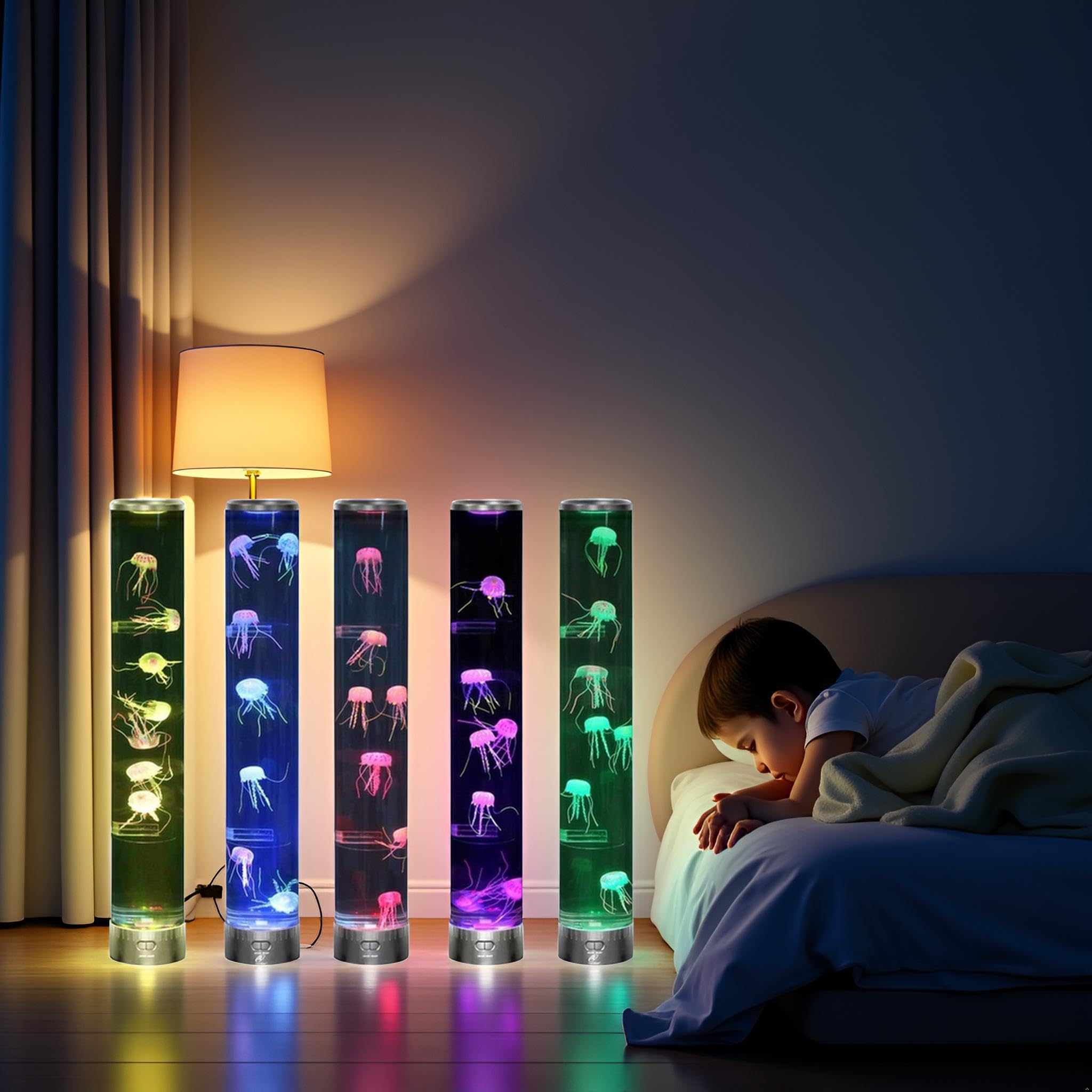 Lightahead LED Jellyfish Aqua Mood Lamp in-room decor creating tranquil oceanic ambiance.