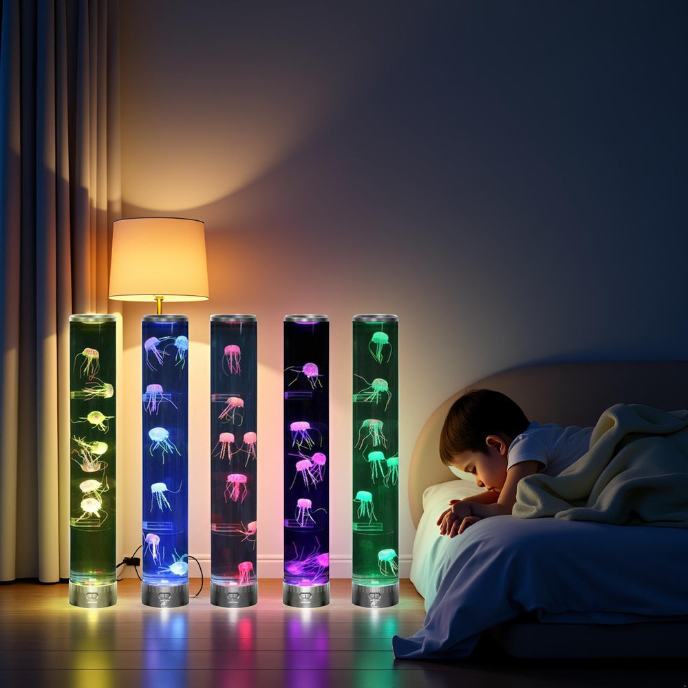 Lightahead LED Jellyfish Aqua Mood Lamp in-room decor creating tranquil oceanic ambiance.