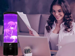 Lightahead jellyfish lamp with bluetooth speaker demonstrates music-enabled mood lighting.