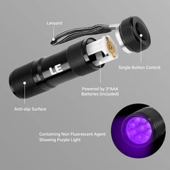 Lighting EVER UV flashlight reveals invisible ink for document verification.