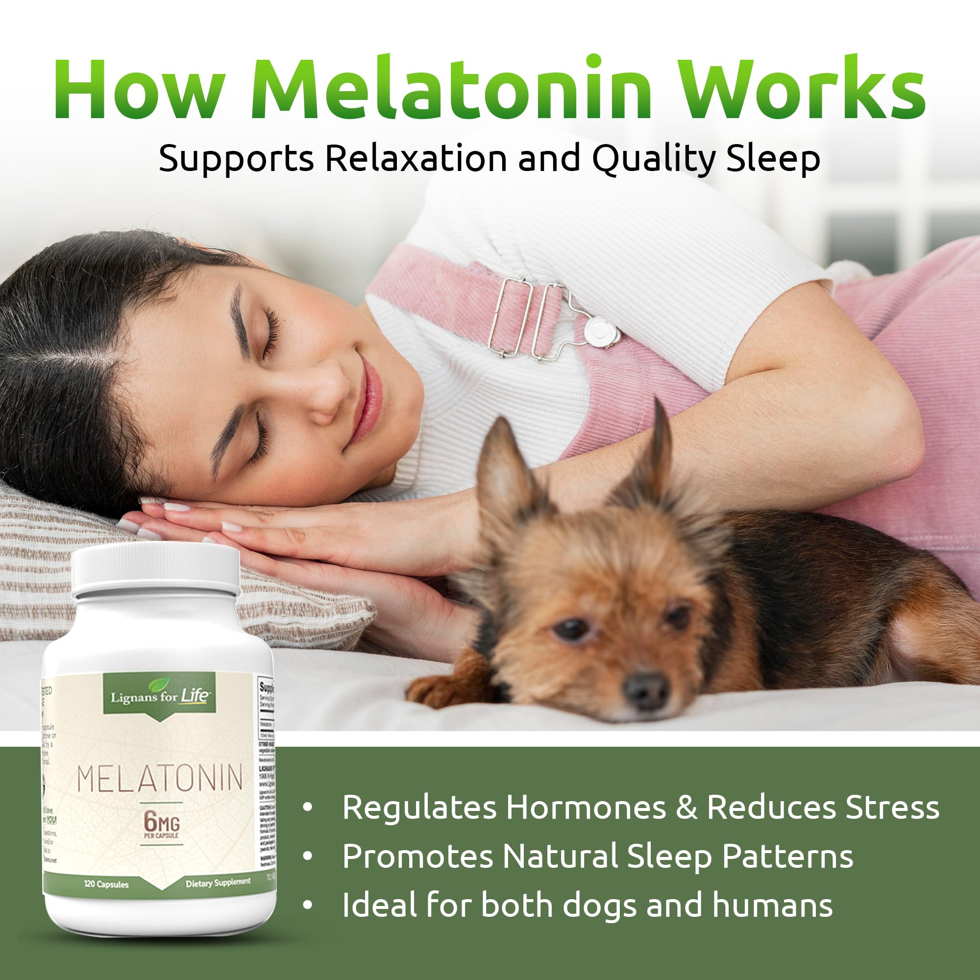 Lignans For Life melatonin bottle back label emphasizes product notes and dosage guidance.
