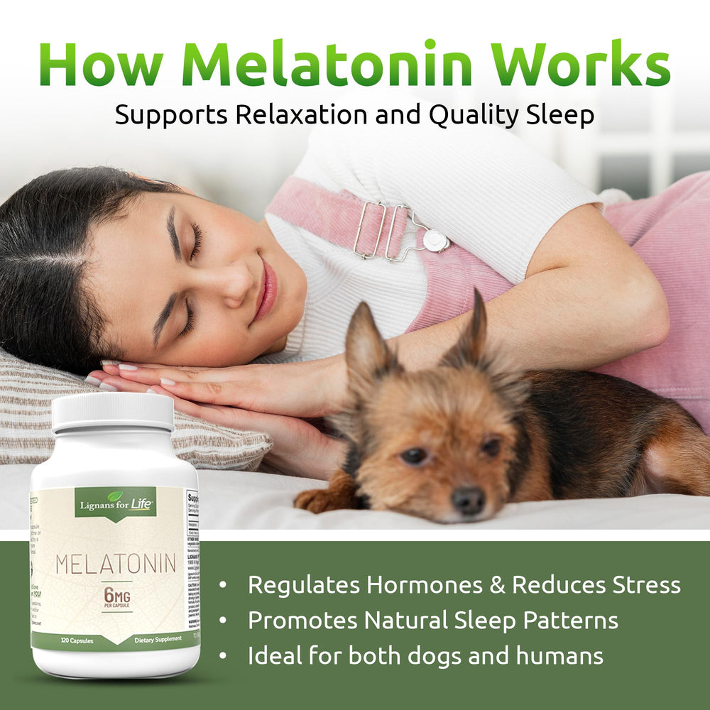 Lignans For Life melatonin bottle back label emphasizes product notes and dosage guidance.