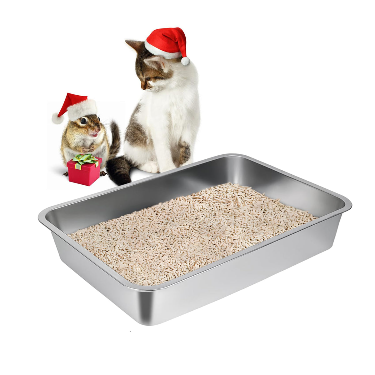 LIHONG stainless steel cat litter box front view, durable rustproof construction.