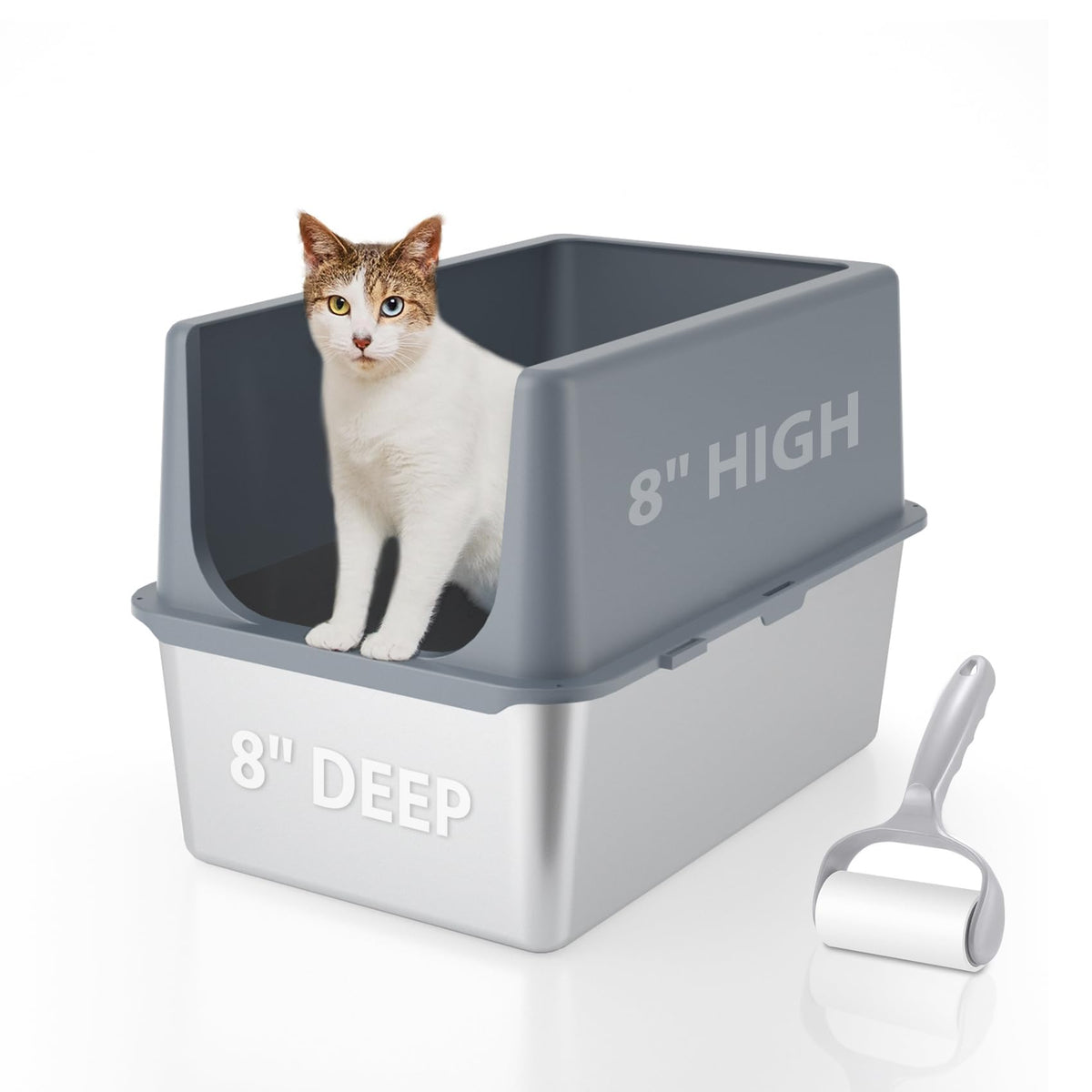 LIHOOOOM stainless-steel litter box lid shown for privacy and easy cleanup.