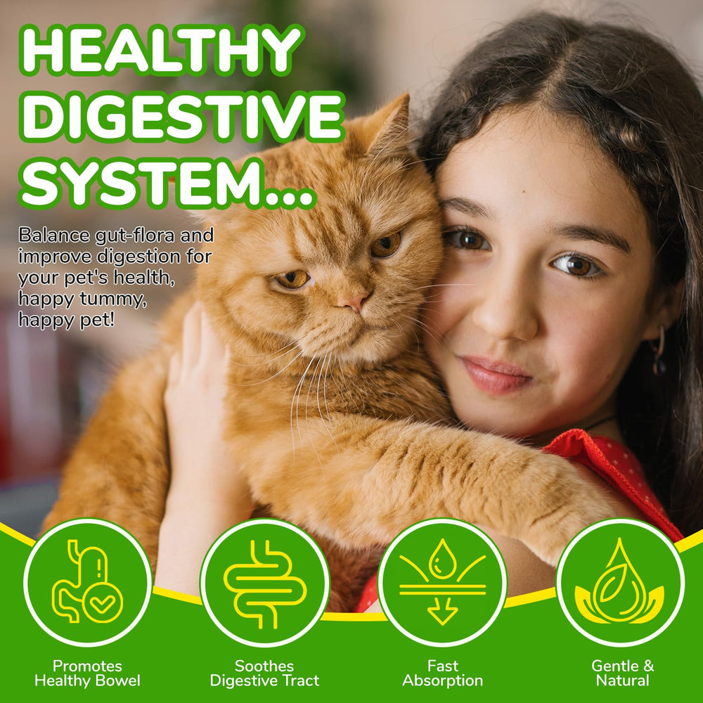 liiutry cat-laxative probiotics: visuals highlight gut-friendly blend supporting digestive balance.