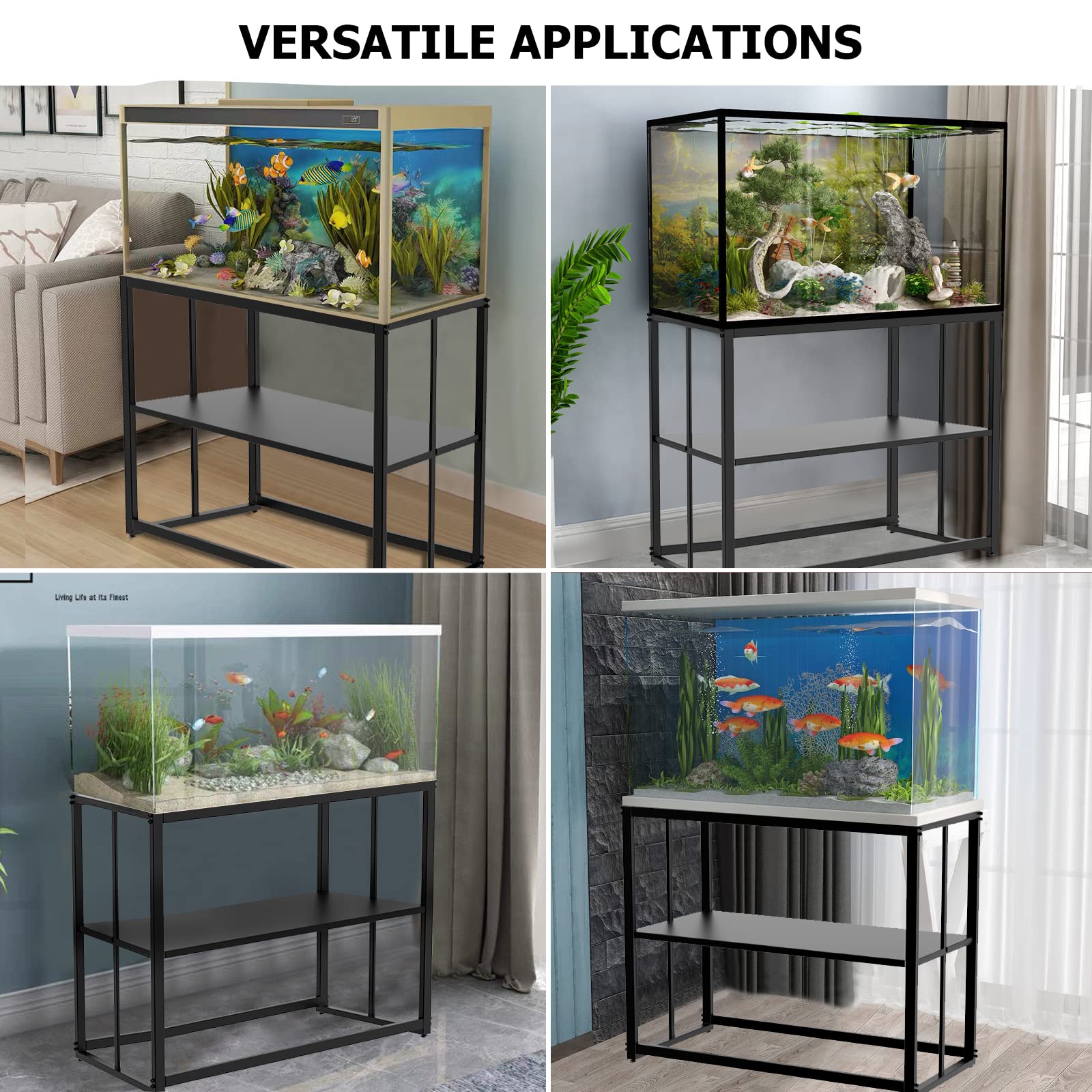 Likeem fish tank stand assembly image suggests quick, tool-free setup in minutes