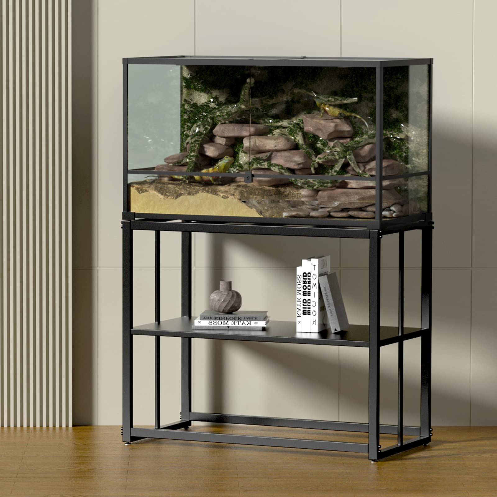 Likeem fish tank stand in living room demonstrates stylish, sturdy aquarium furniture