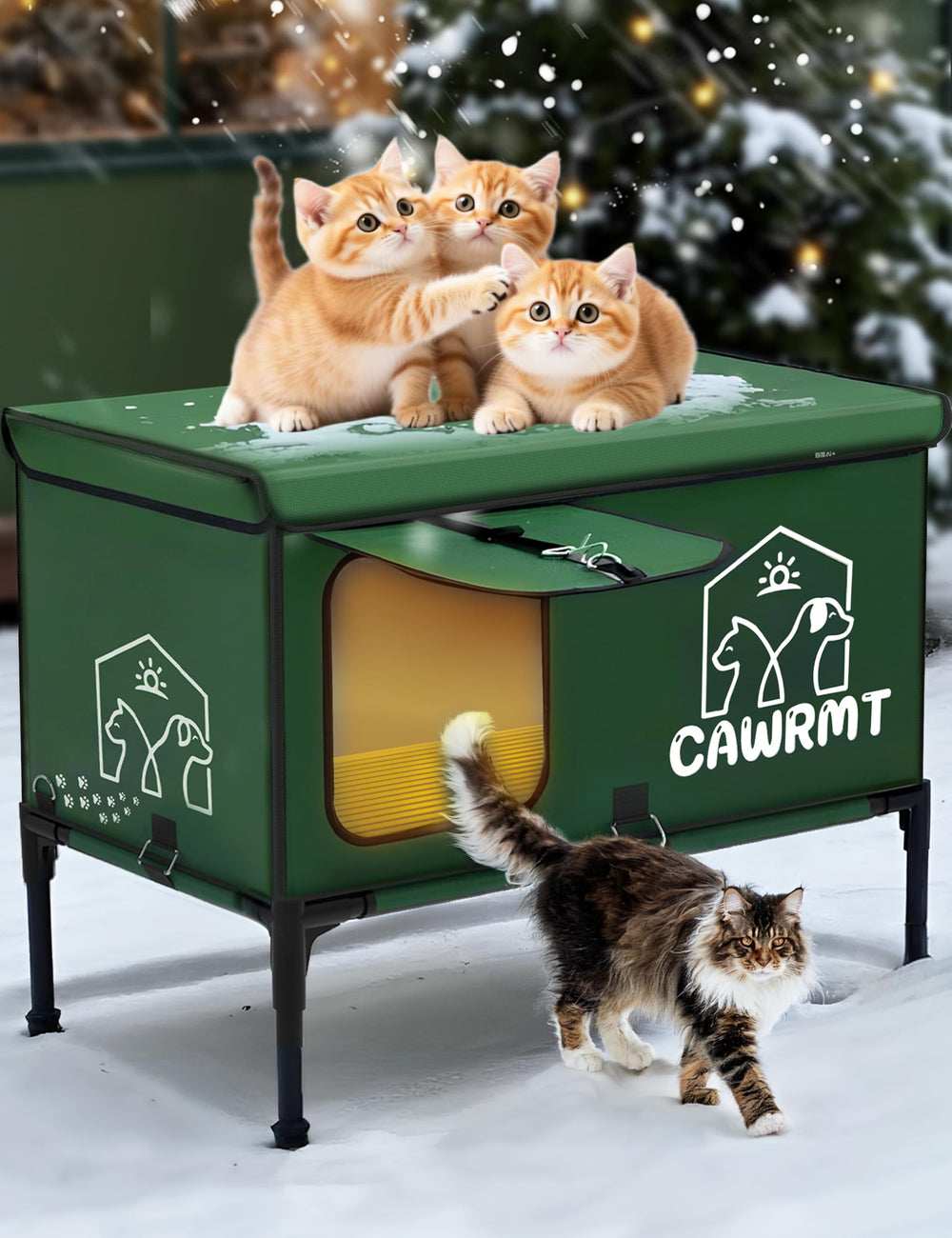 LiLadayd large heated cat house for outdoor winter with elevated base for dry warmth.