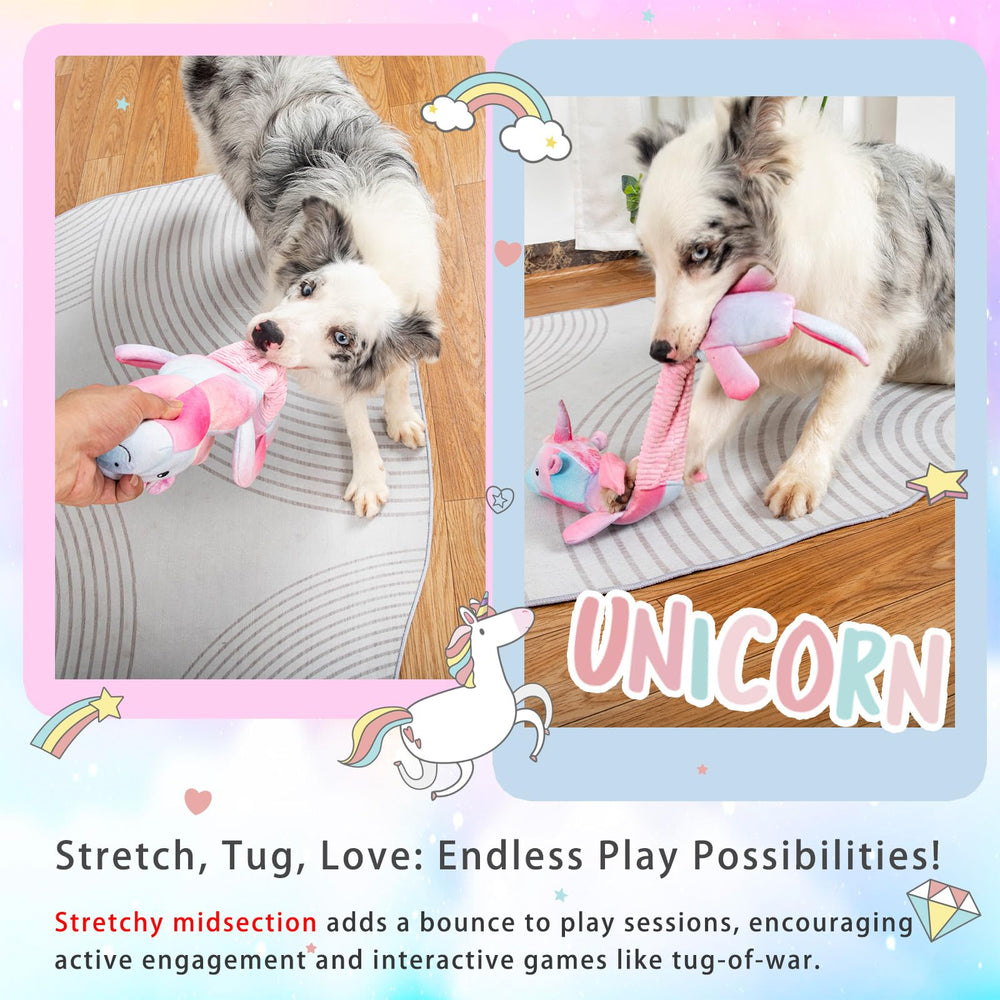 Lilfrd Squeaky Crinkle Unicorn Dog Toy tug-action shows interactive play and exercise.