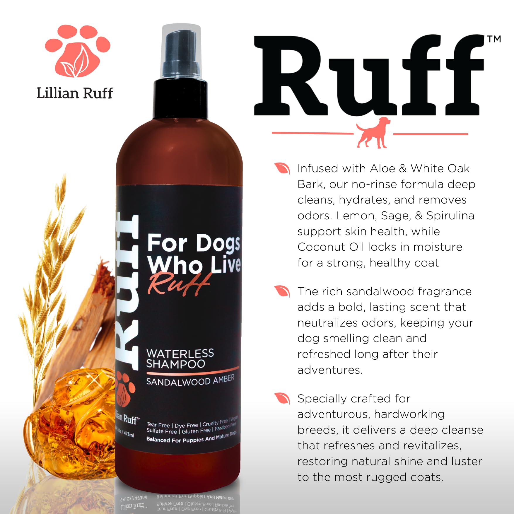 Lillian Ruff application on dog coat demonstrates no-rinse cleaning after outdoor play.