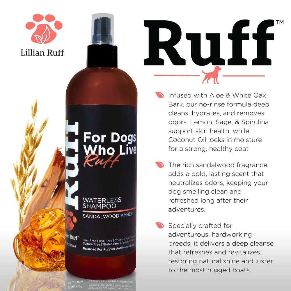 Lillian Ruff application on dog coat demonstrates no-rinse cleaning after outdoor play.