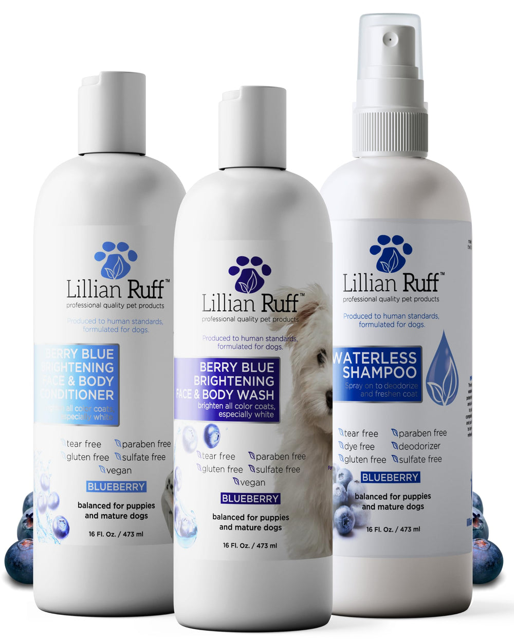 Lillian Ruff Berry Blue brightening shampoo bottle brightens fur with violet pigments.