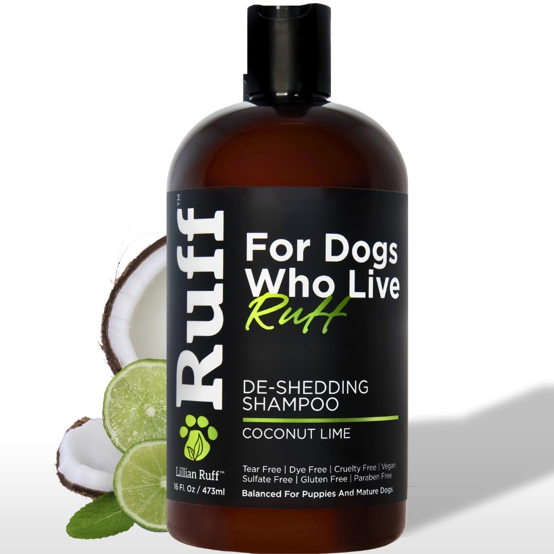 Lillian Ruff Deshedding Shampoo Coconut Lime bottle with refreshing scent and smoother coat
