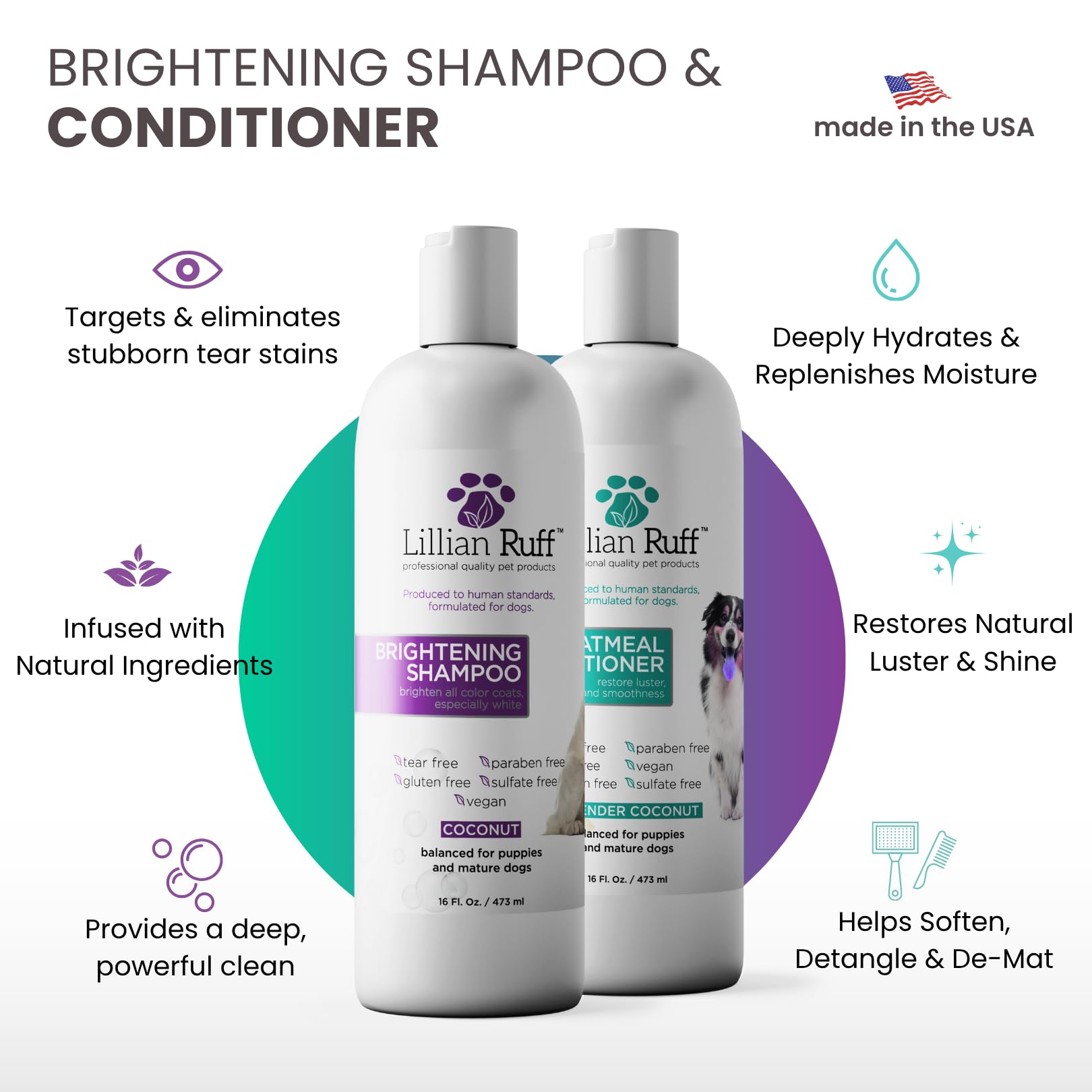 Lillian Ruff Oatmeal Conditioner being applied to fur for hydration and smoothness.