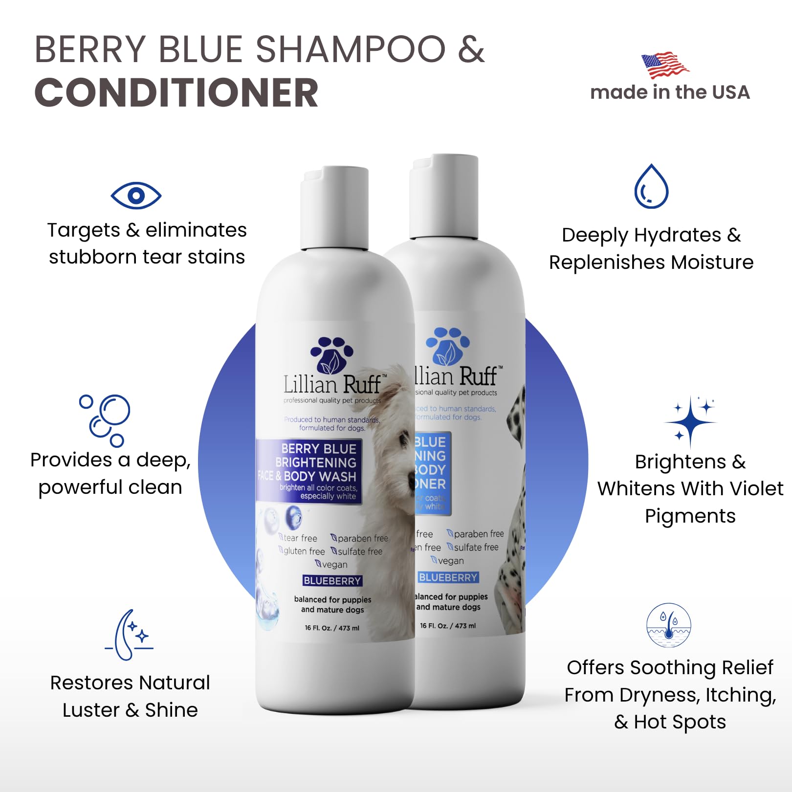 Lillian Ruff PRO Berry Blue Conditioner tube demonstrates whitening and hydration for dull coats.