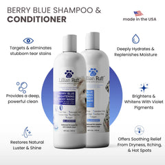Lillian Ruff PRO Berry Blue Conditioner tube demonstrates whitening and hydration for dull coats.