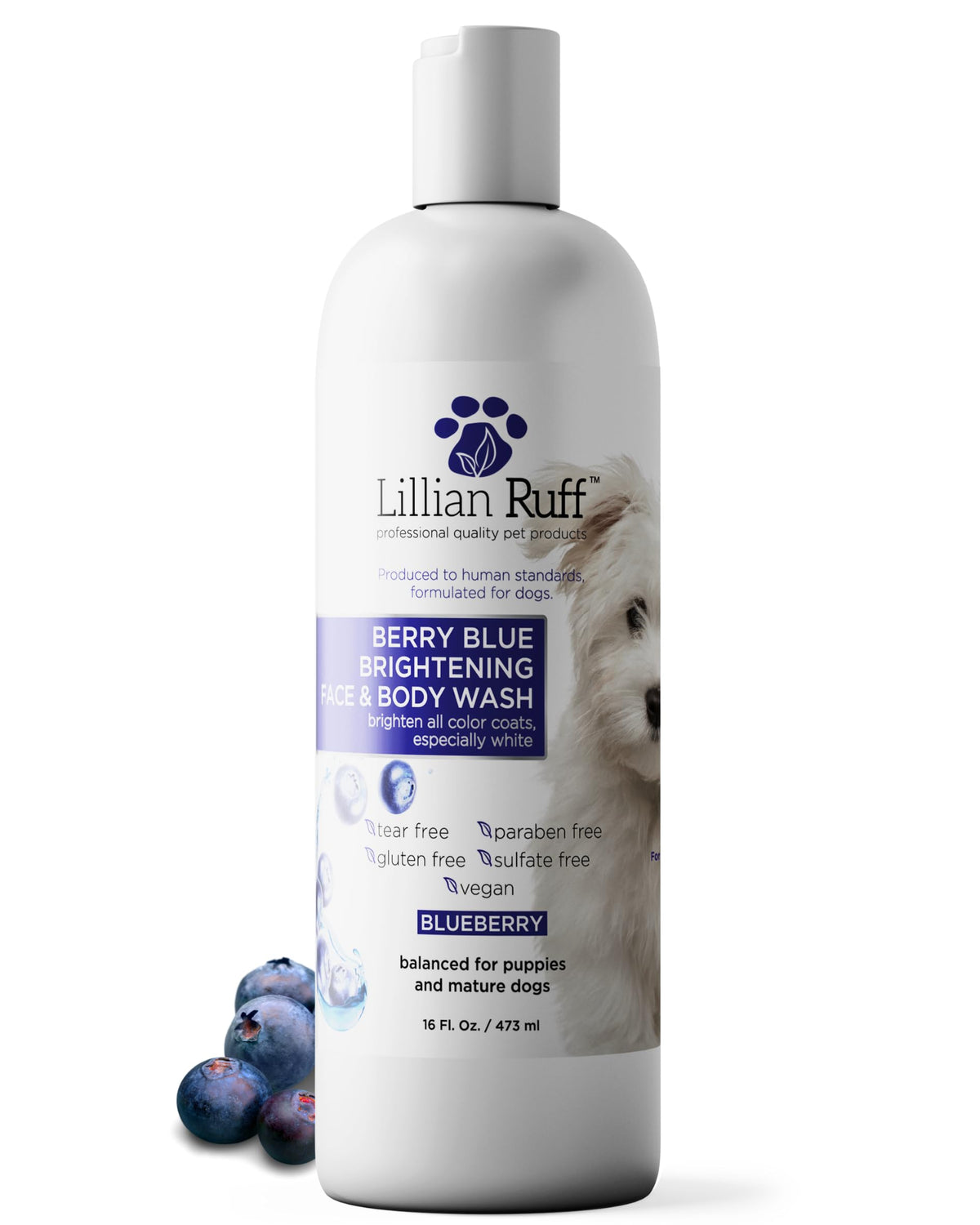 Lillian Ruff PRO Berry Blue Shampoo bottle shows brightening formula for vibrant coats.