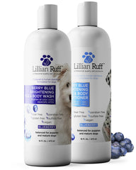 Lillian Ruff PRO Berry Blue Shampoo bottle highlights whitening power for brighter fur.