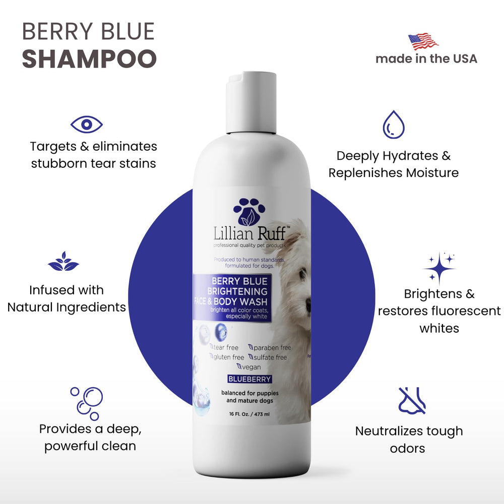 Lillian Ruff PRO Berry Blue Shampoo creates rich foam for spa-like baths.