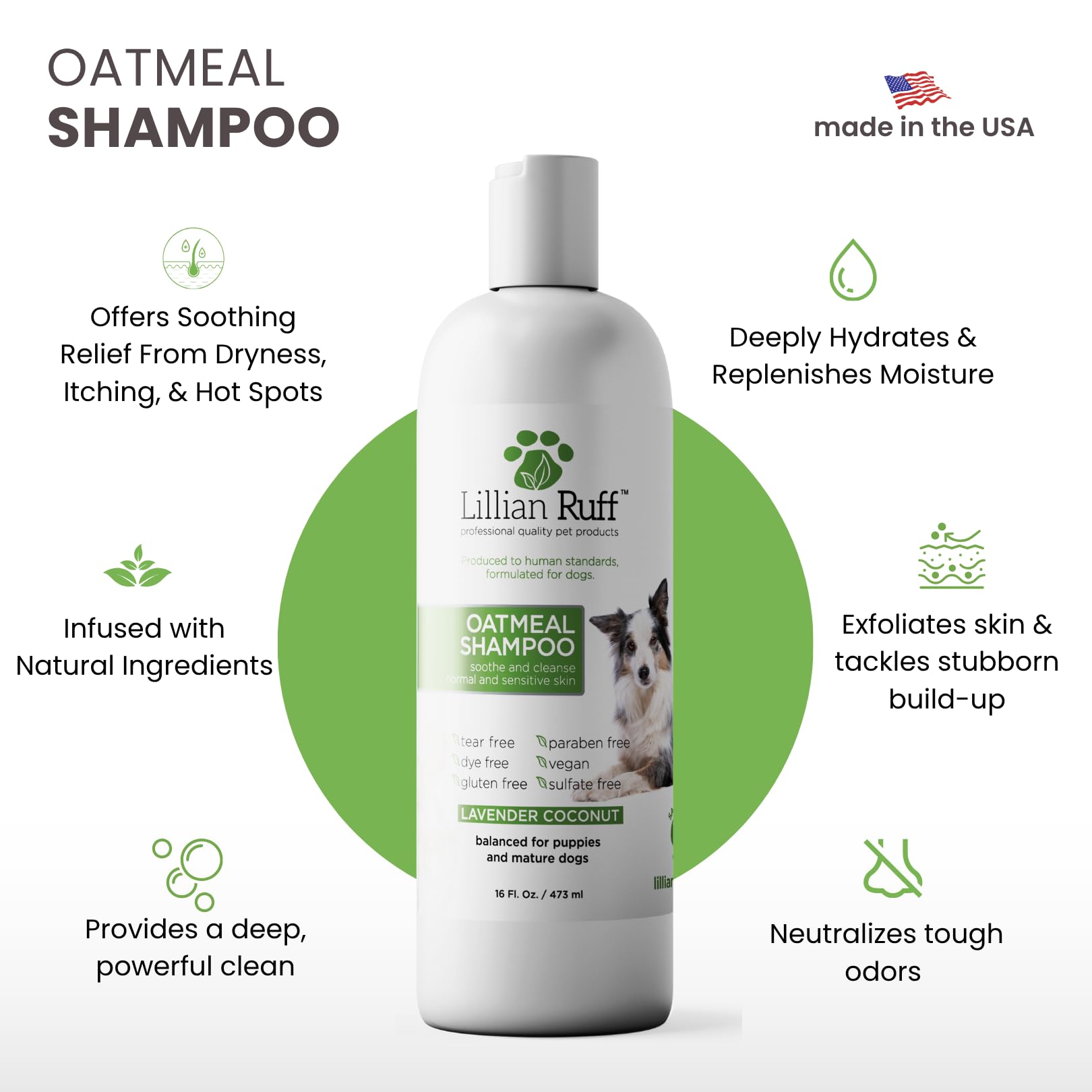 Lillian Ruff PRO formula lavender bath scene highlights calming scent during grooming.