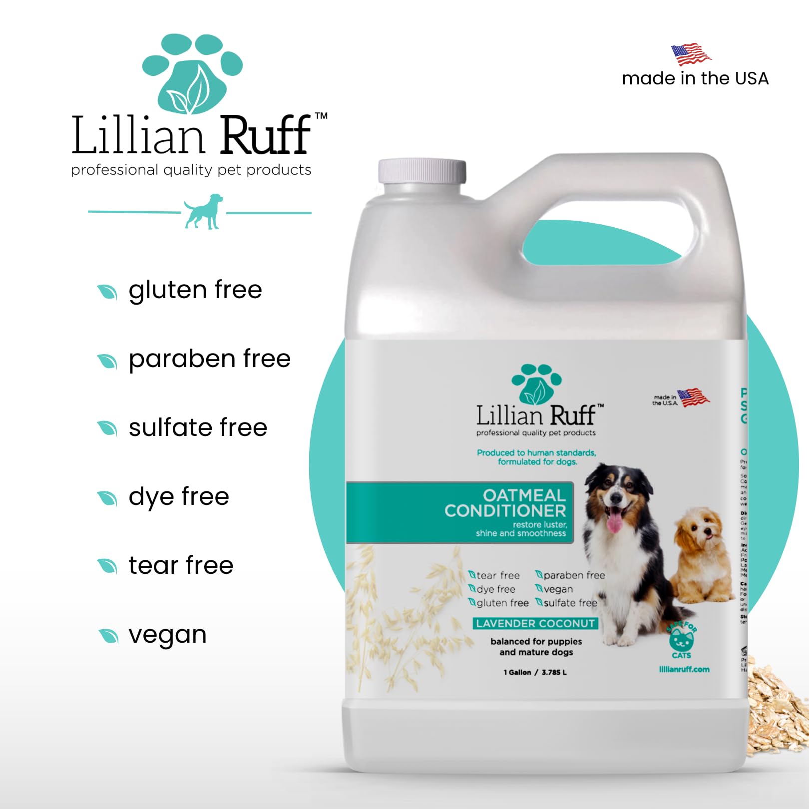 Lillian Ruff PRO Formula Oatmeal conditioner after-bath shine improves coat luster and smoothness.