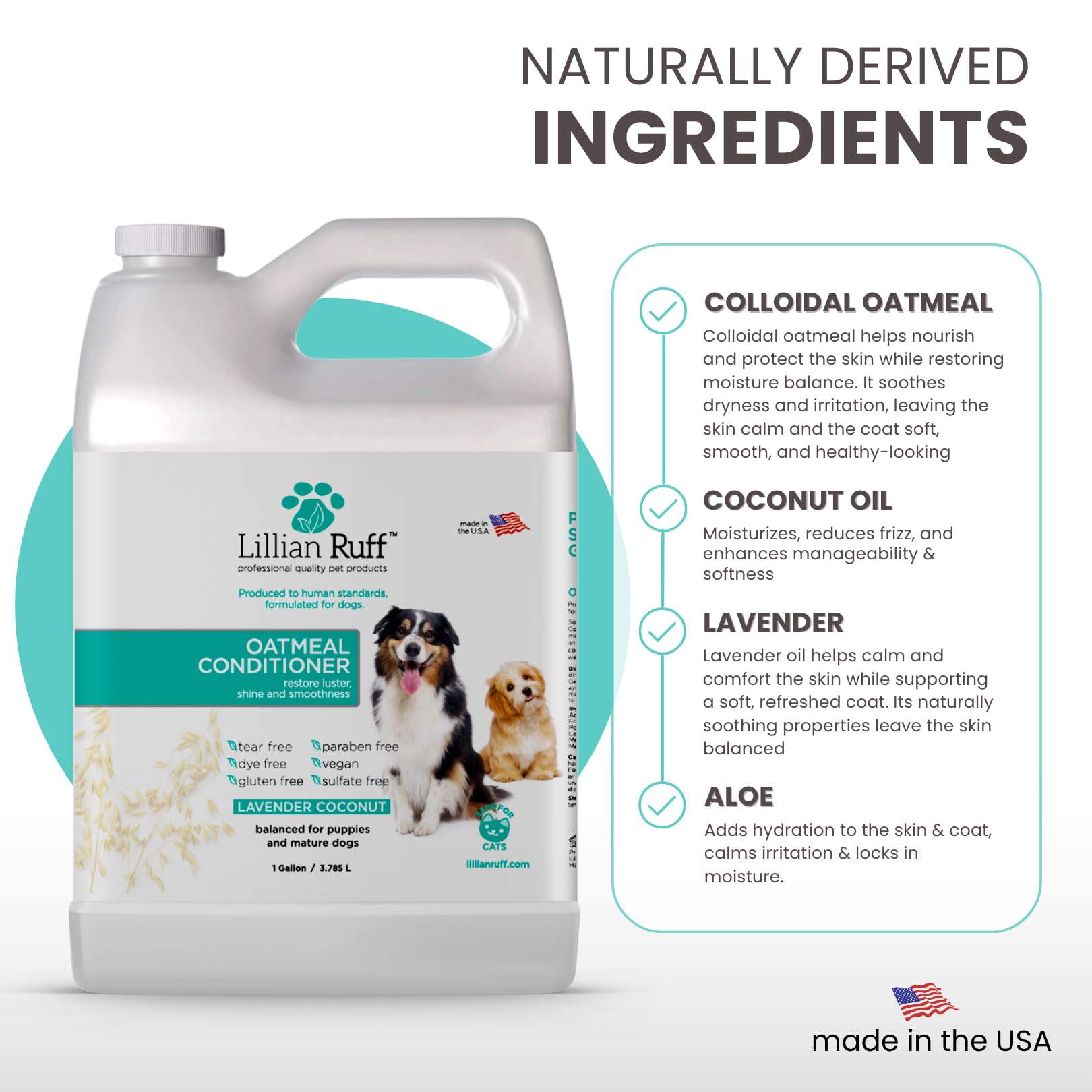 Lillian Ruff PRO Formula Oatmeal conditioner lavender-coconut scent enhances calming bath-time routines.