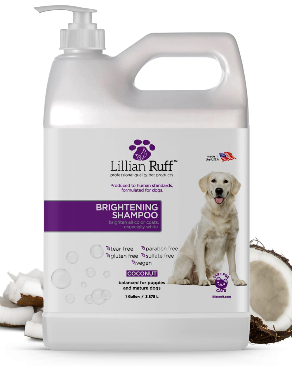 Lillian Ruff PRO Formula Ultra Brightening Dog Shampoo pump for easy dispensing and brightening