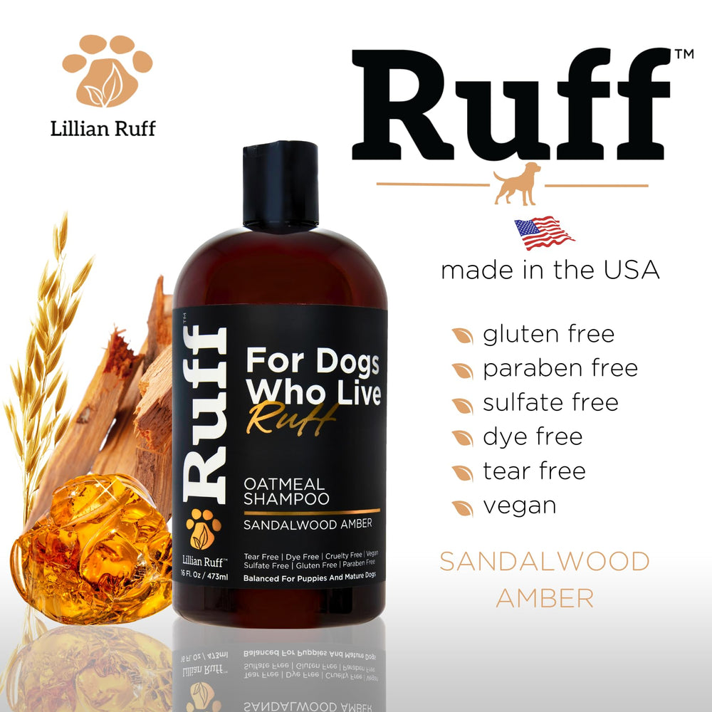 Lillian Ruff RUFF oatmeal shampoo aloe coconut ingredients highlight soothing formula.