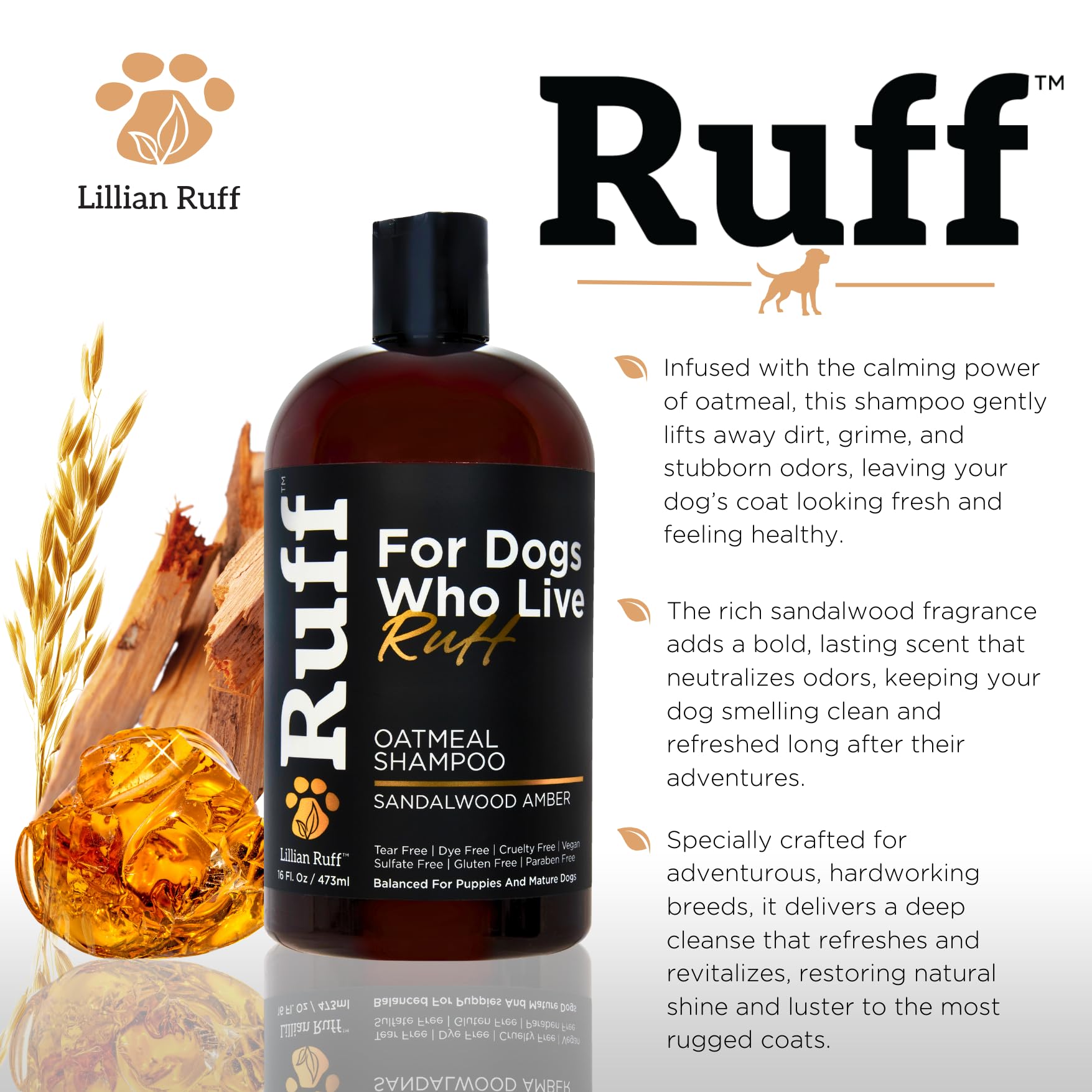 Lillian Ruff RUFF oatmeal shampoo dog coat after bath shows refreshed fur.