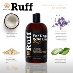 Lillian Ruff RUFF oatmeal shampoo USA-made label signals quality and safety.