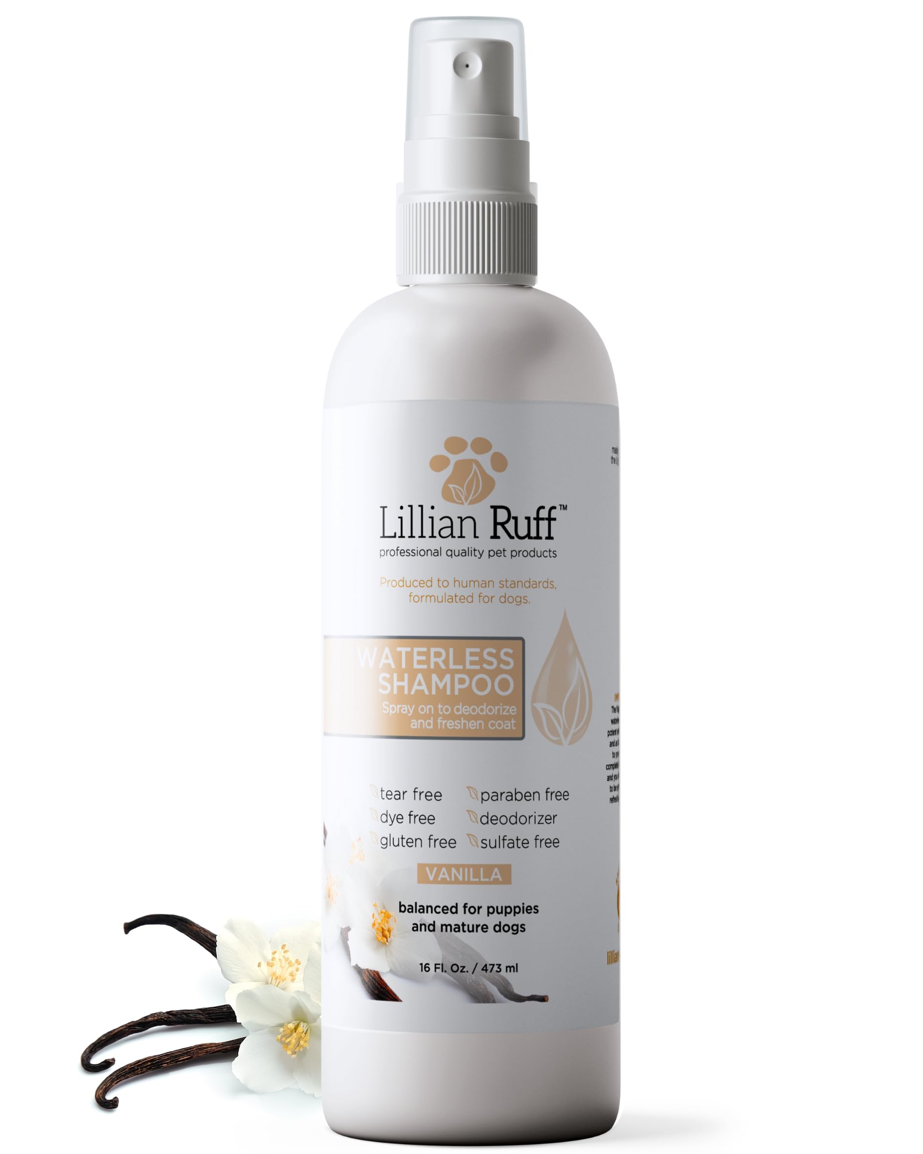 Lillian Ruff waterless dog shampoo bottle for quick grooming spray.