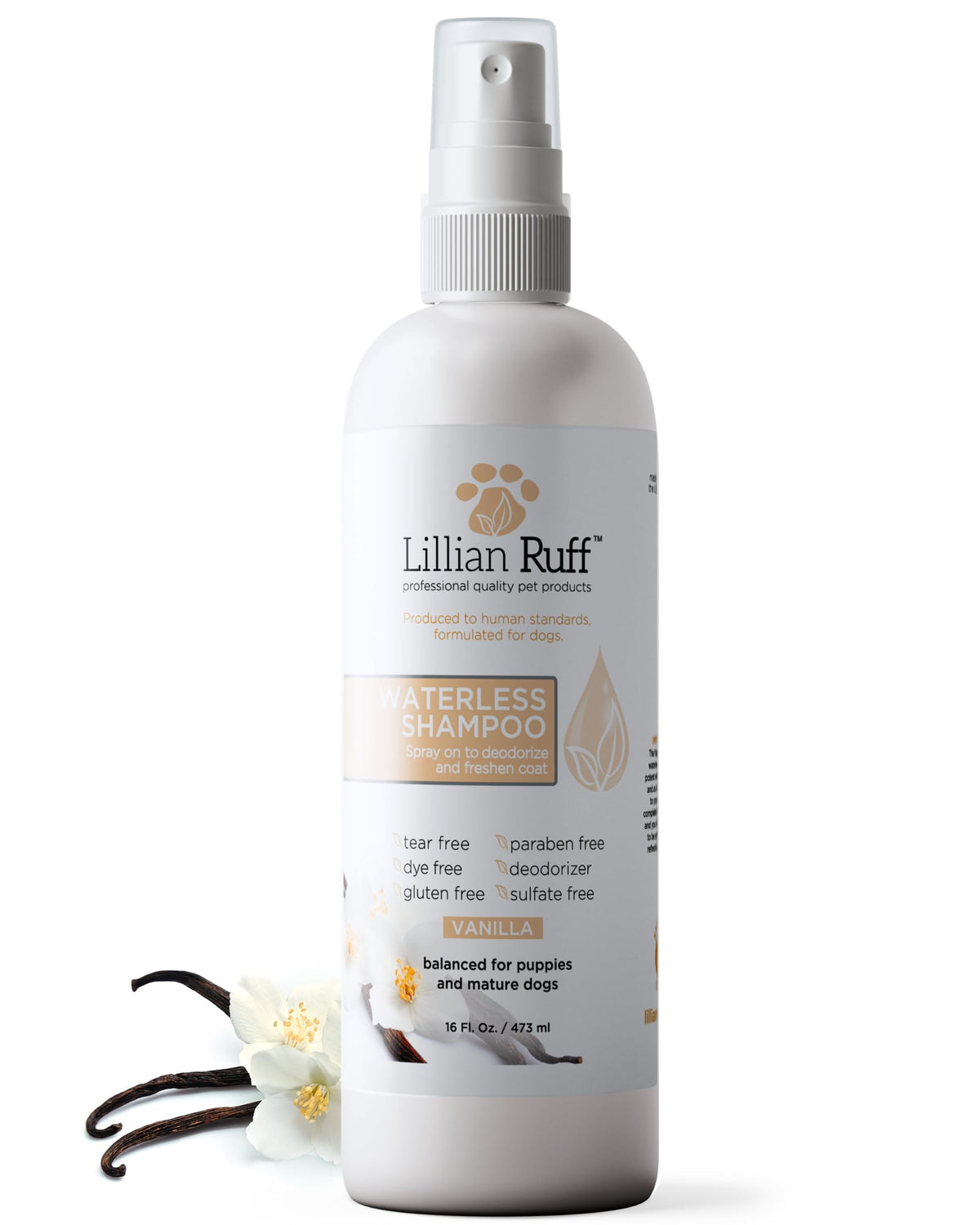 Lillian Ruff waterless dog shampoo bottle for quick grooming spray.