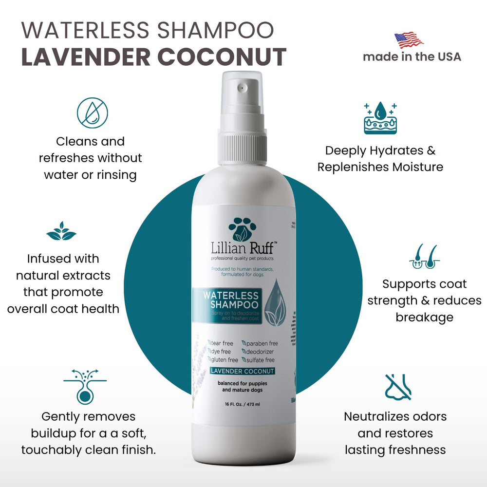Lillian Ruff waterless shampoo in action on a dog's coat for deodorizing freshness.