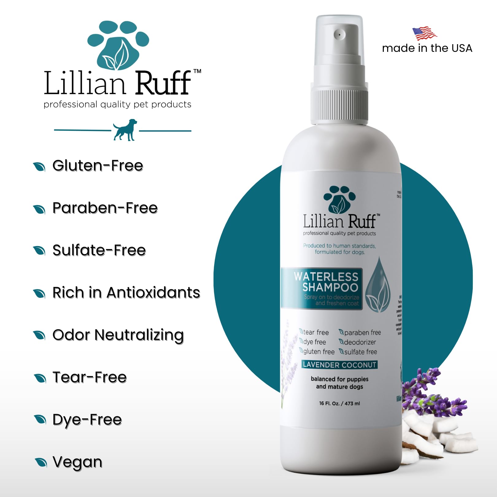 Lillian Ruff waterless shampoo display showing five scents for personalized grooming.