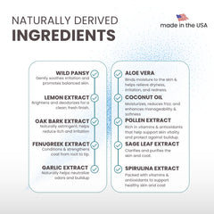 Lillian Ruff waterless shampoo label highlighting USA-made, pH-balanced formula.