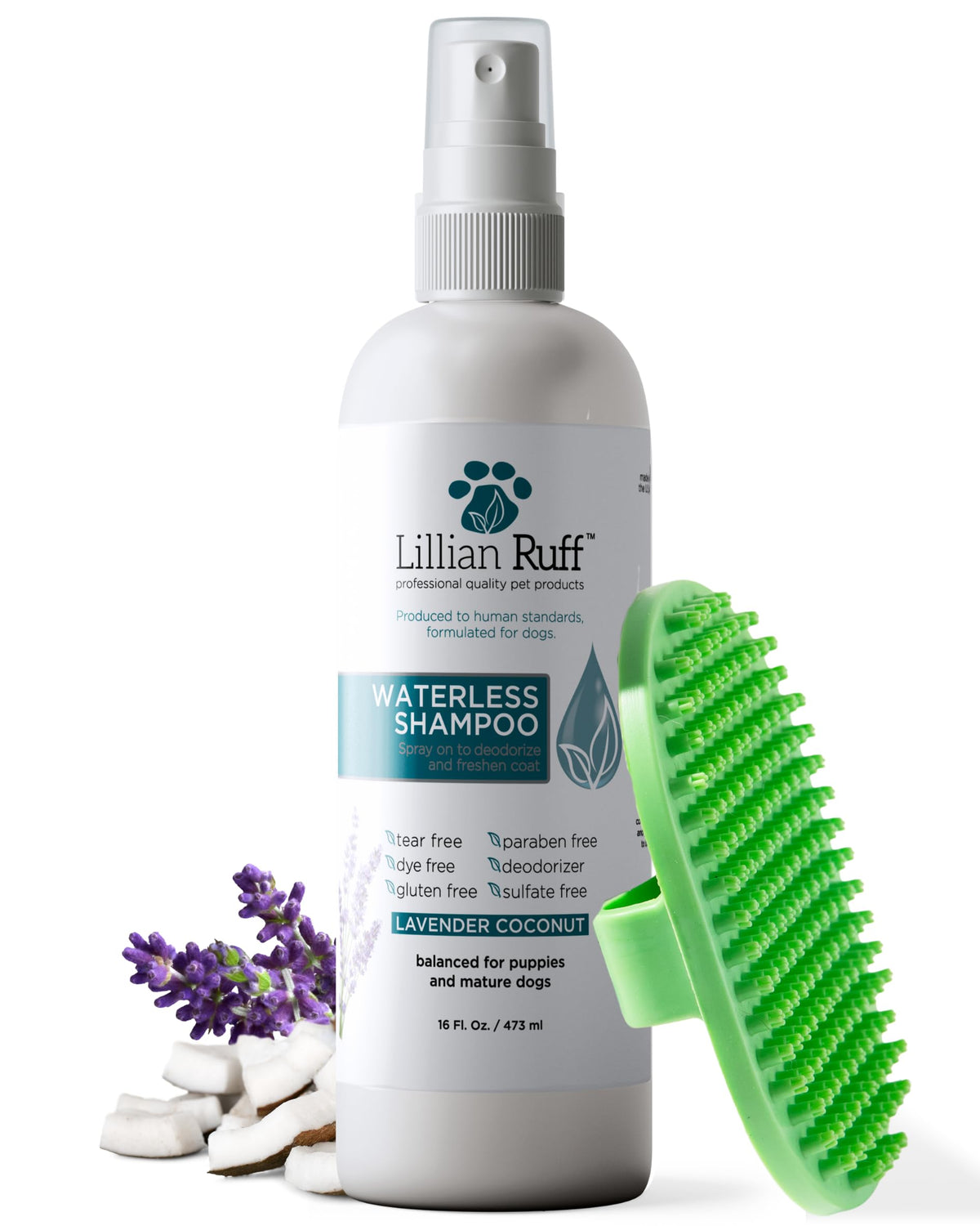 Lillian Ruff Waterless Shampoo spray bottle for on-the-go grooming and quick coat refresh.