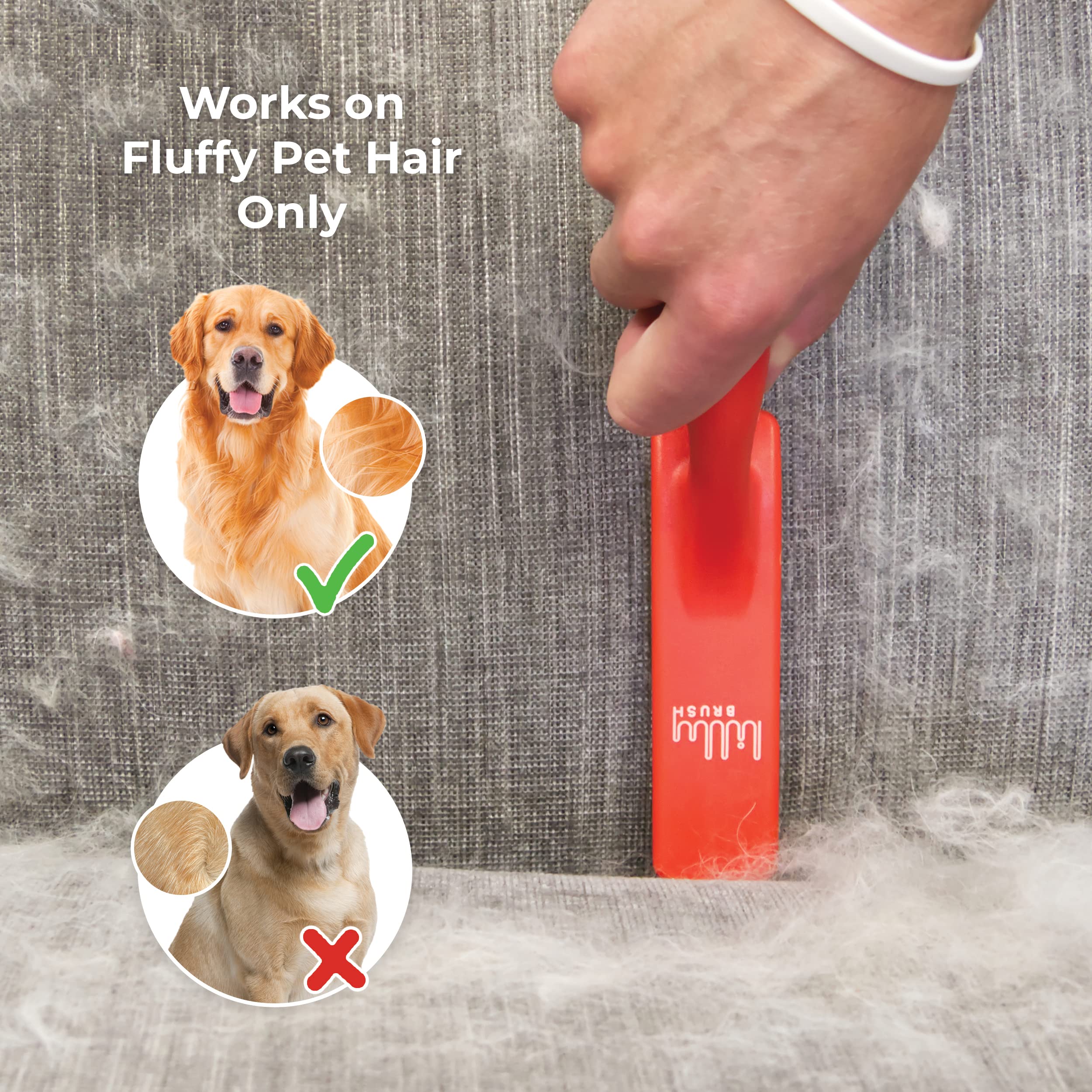 Lilly Brush Forever Furless on fabric lifts embedded fur for clothing and upholstery.