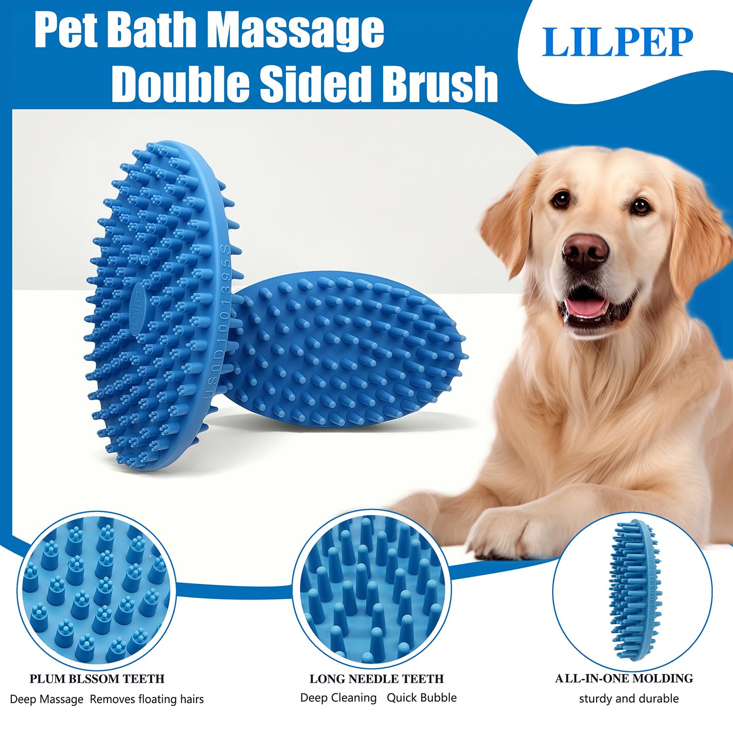 Lilpep Dog Brush soft-rubber-bathing surface minimizes skin irritation during baths.