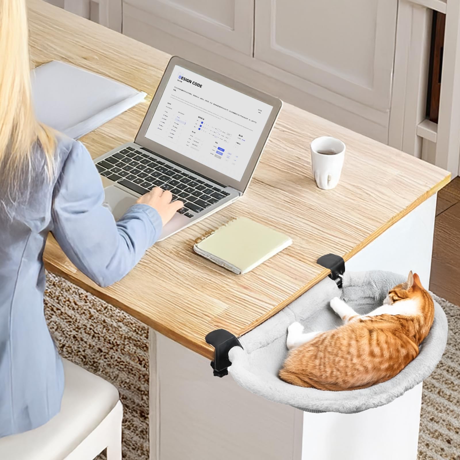 Lilyang cat bed in-use setup creates a cozy desk nook for focused work with cat