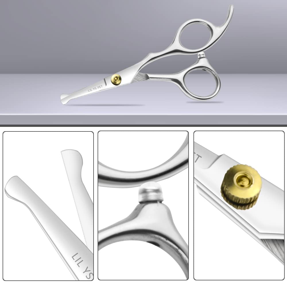 LILYS PET 5.0 round-tip scissors trimming a dog's ears with precision
