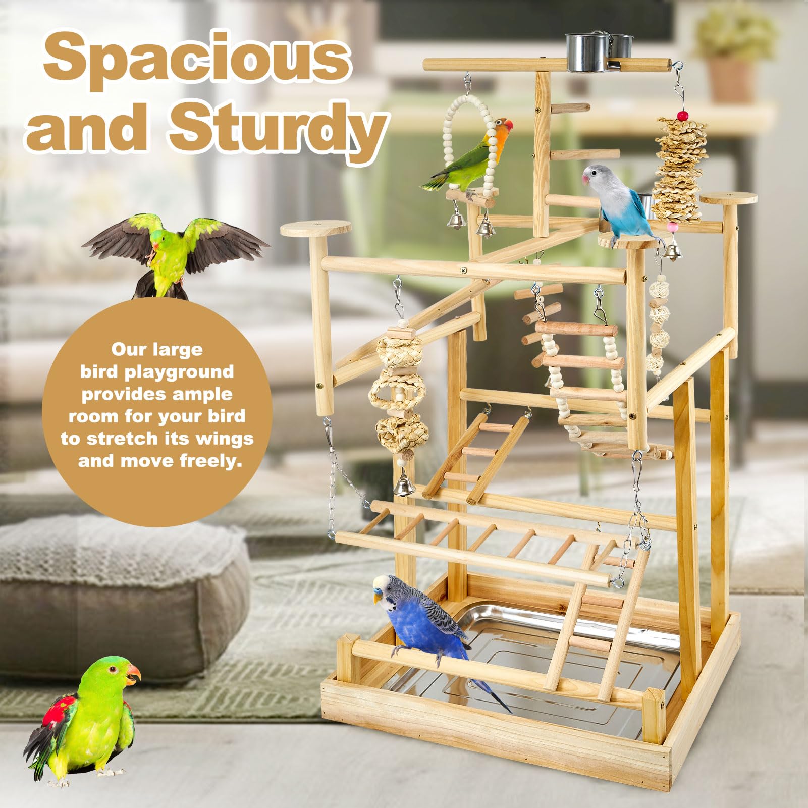 LIMIO Bird Playground in-use shows birds enjoying multi-level exploration.
