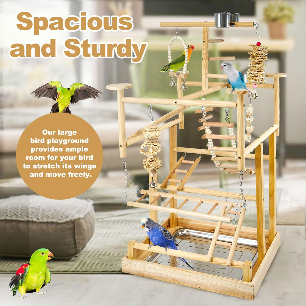 LIMIO Bird Playground in-use shows birds enjoying multi-level exploration.