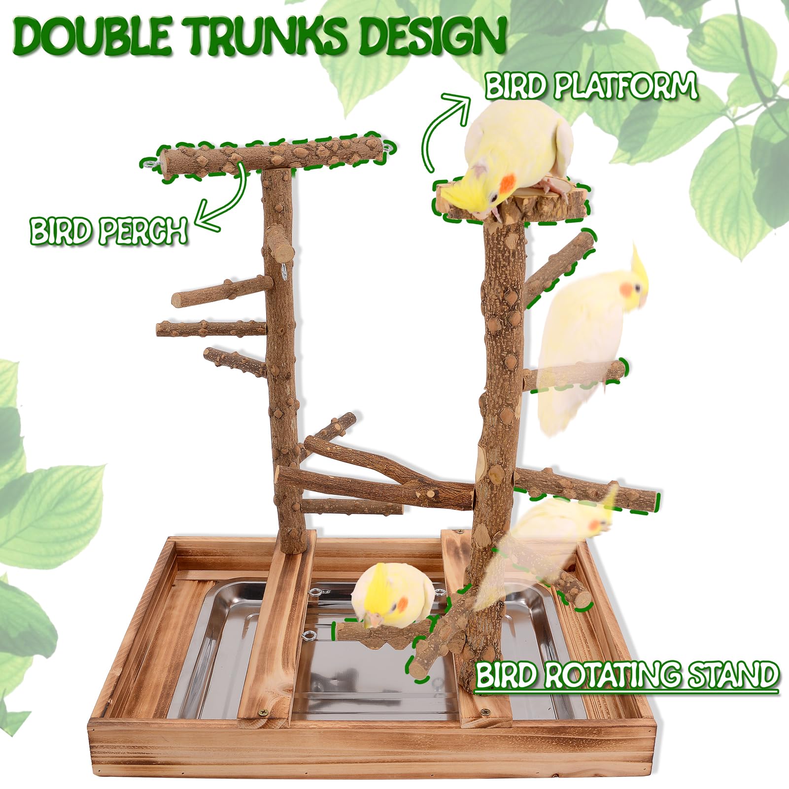LIMIO Bird Playground stainless-cups on perch encourage convenient feeding during playtime.