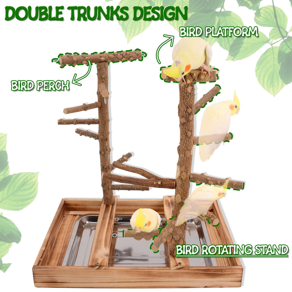 LIMIO Bird Playground stainless-cups on perch encourage convenient feeding during playtime.