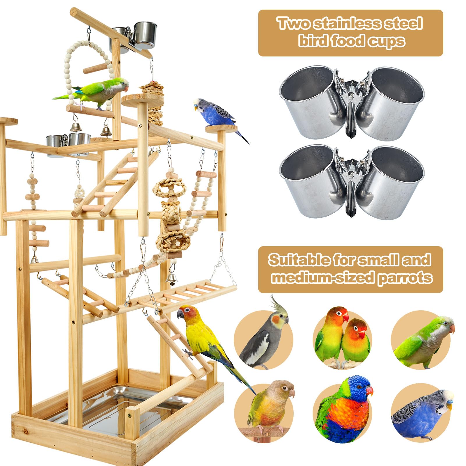 LIMIO Bird Playground stainless steel cups offer convenient feeding during play.