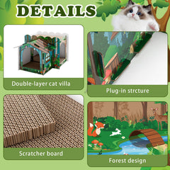 Lineshading scratching boards inside cat house provide healthy scratching and enrichment.