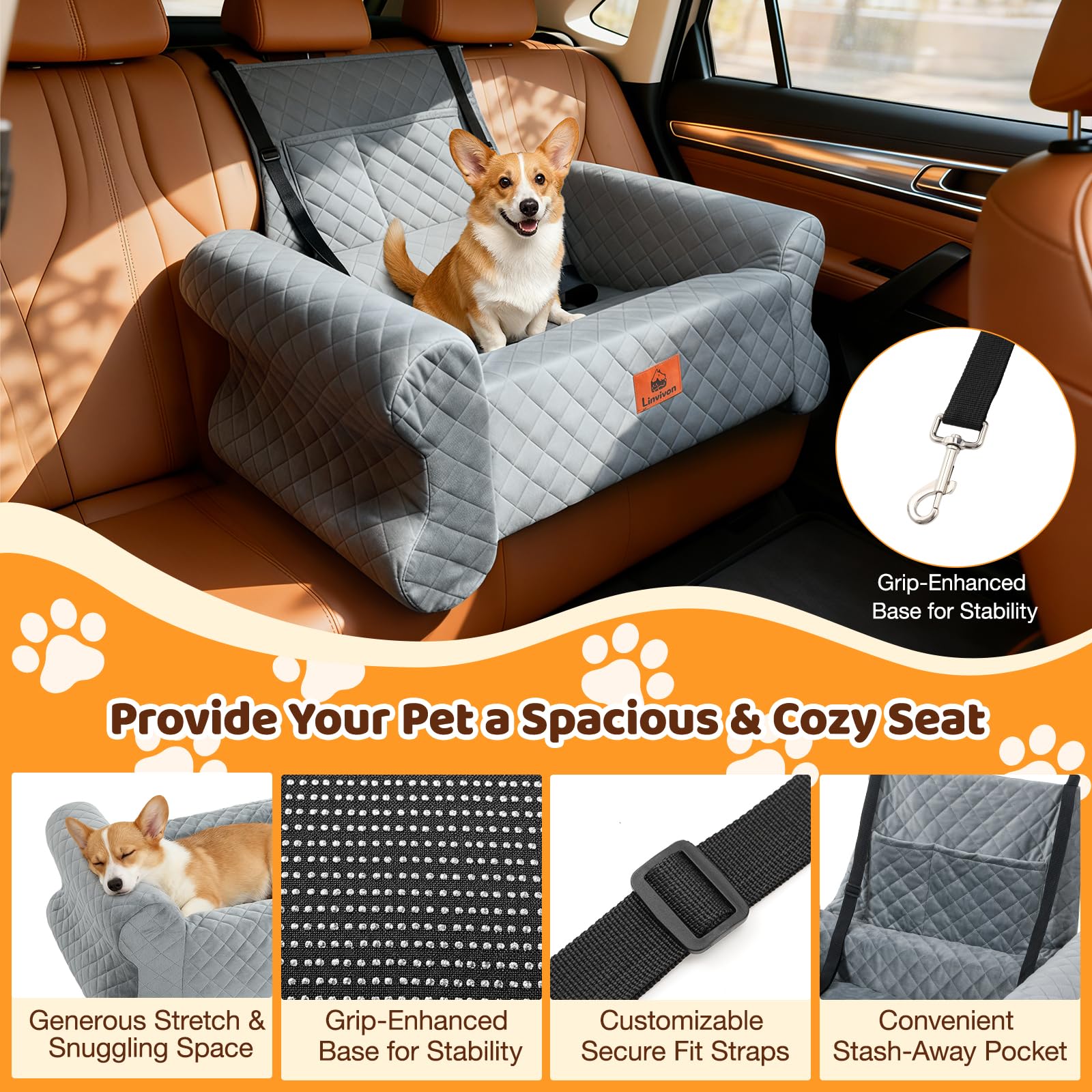 Linvivon dog car seat back pocket detail emphasizes convenient storage for gear.